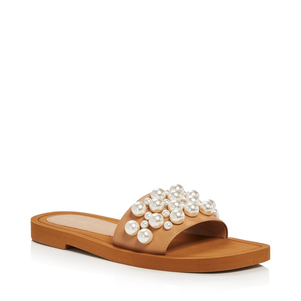 Stuart Weitzman Pearl embellished Tan Slide Sandals like new